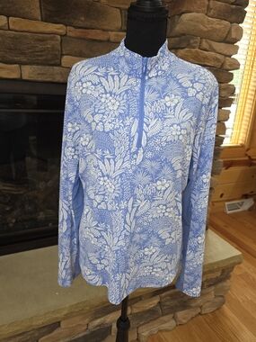 Tommy Bahama Light Blue and White Floral Long-Sleeve Top Womans Size Lg